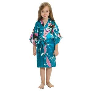 Girls Satin Robe Size 12 Tropical Blue Peacock Floral Print Short Sleeve Belted